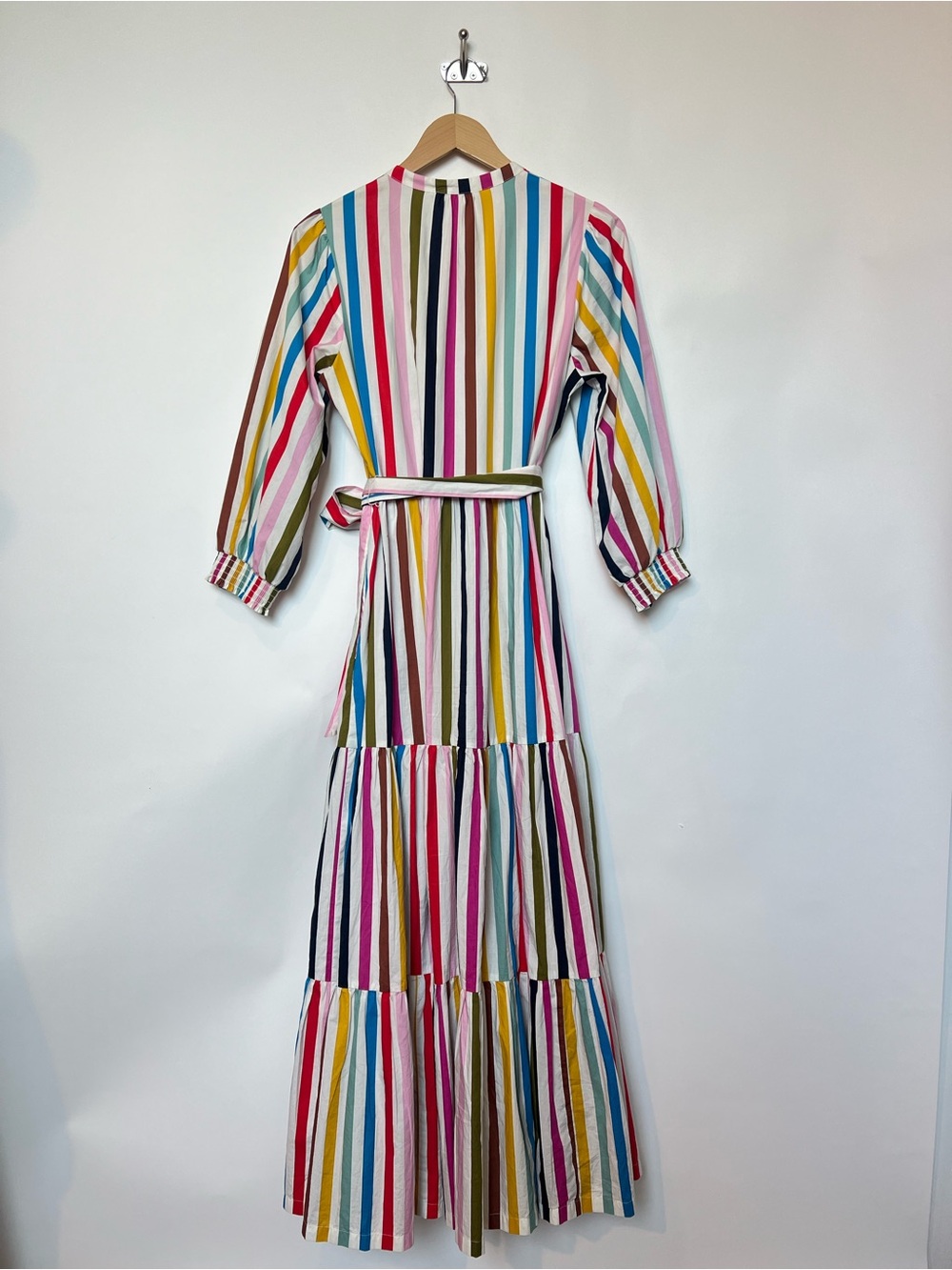 Boden Alba Rainbow Stripe Cotton Tiered Maxi Dress Belted Vertical Stripe US8 - Picture 8 of 16